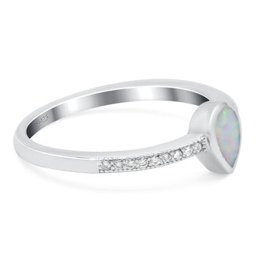 Half Eternity Pear Lab Created White Opal Wedding Ring Band Simulated CZ 925 Sterling Silver
